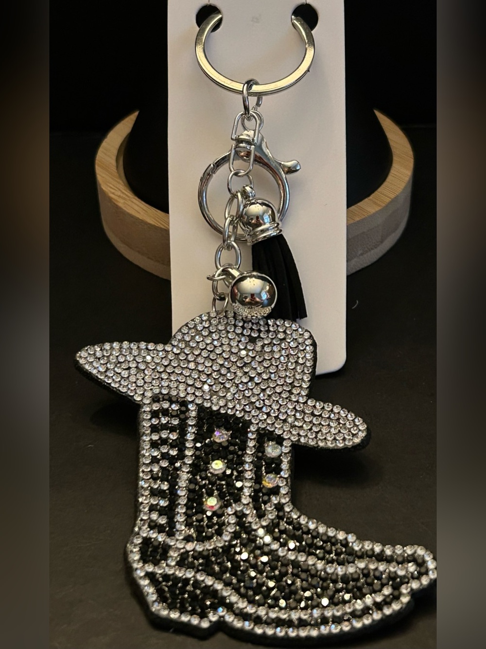 Crystal Western Design Cowboy Boots & Hat Bag Charm Keychain Black & Silver